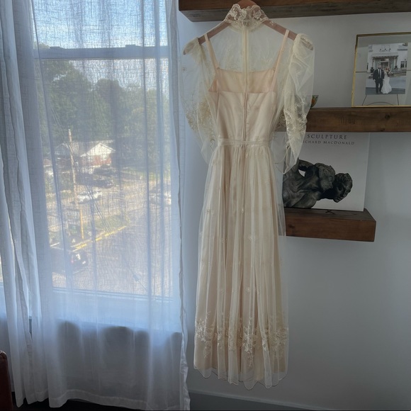 Vintage Ivory Lace & Satin Dress Puff Sleeve Midi - Picture 4 of 8